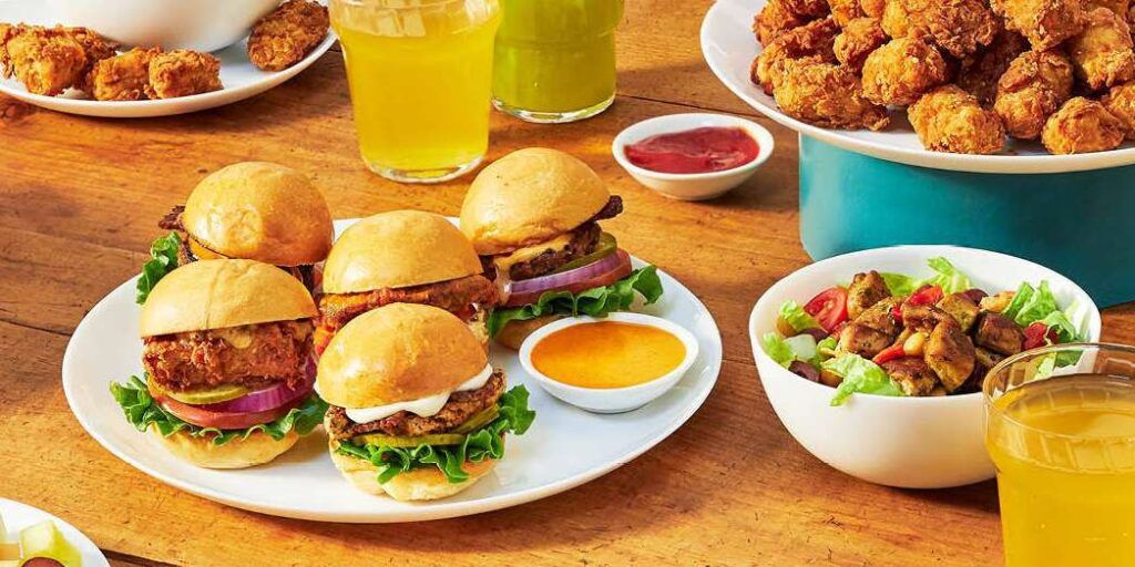 Plant based chicken sliders and popcorn chicken.