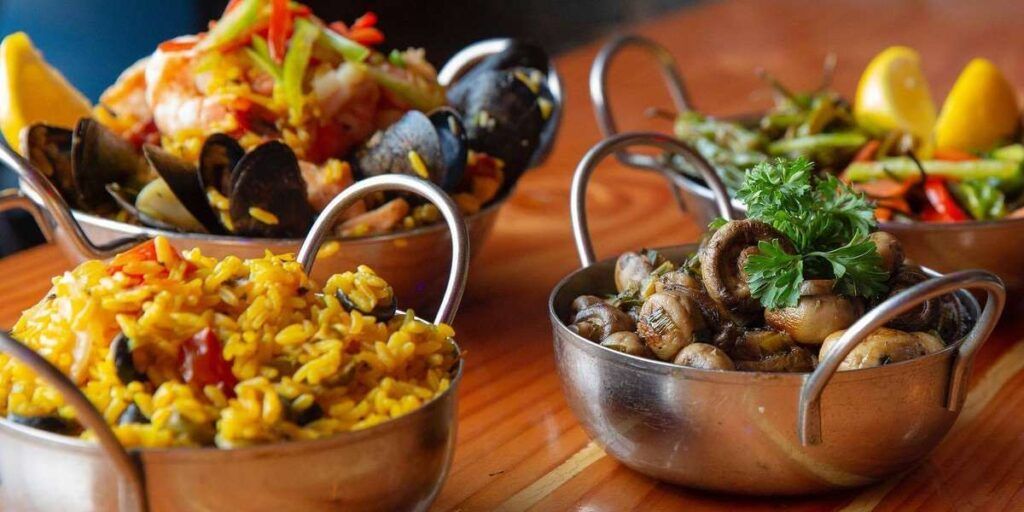 Mushrooms, rice, and mussels.