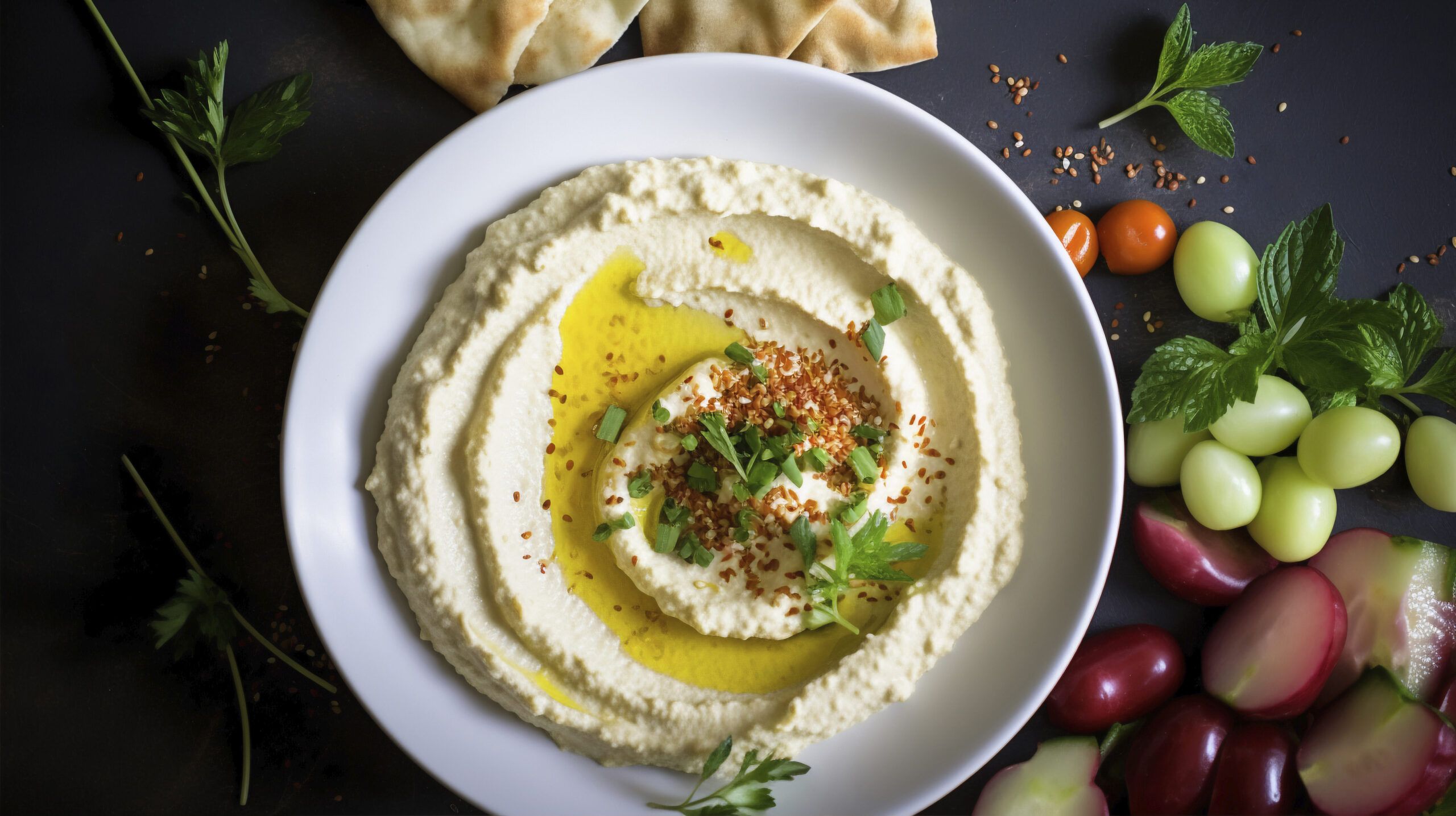 Hummus in a bowl, surrounded by grapes.