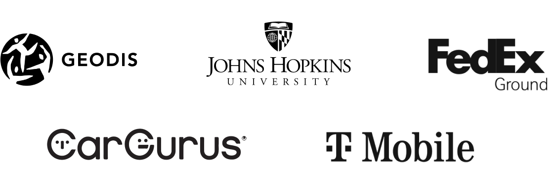 Logos of Geodis, Johns Hopkins University, FedEx Ground, CarGurus, TMobile